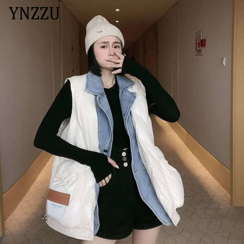 

Женская куртка на белом утином пуху, зимнее теплое Женское пальто оверсайз 2021, толстая джинсовая куртка с карманами в стиле пэчворк, однотон...