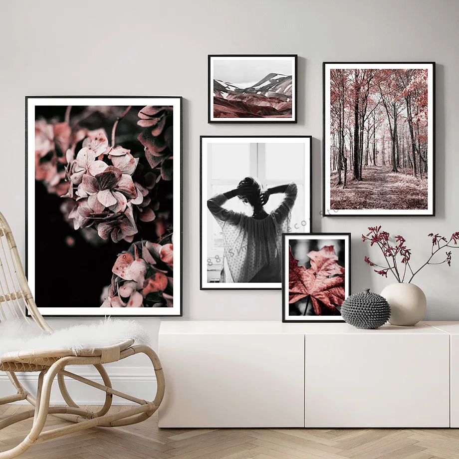 

Mountain Maple Leaf Window Girl Wall Art Canvas Painting Nordic Posters And Prints Landscape Wall Room Decoration Pictures