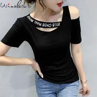 summer korean clothes cotton t shirt girl fashion sexy hollow out letter print women tops short sleeve tees new 2021 t14210a