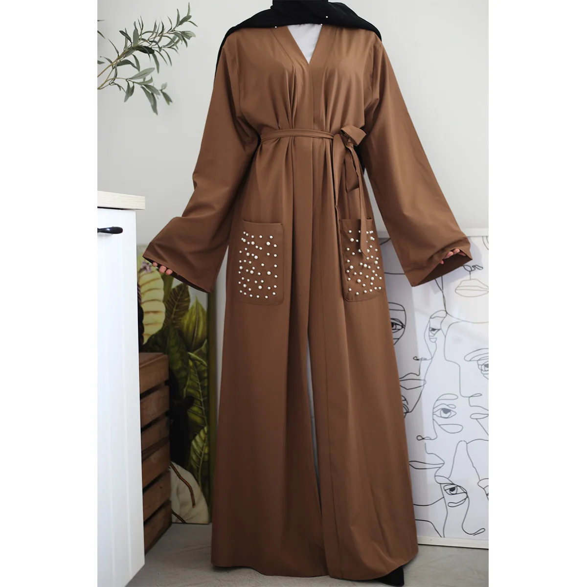 Arabic Women'S Suit Popular Open Belt Pocket Dresses Muslim Abaya Dubai Clothing For Women Jelaba Femme Musulman Cm152