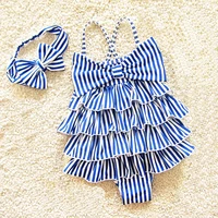 2020 striped toddler bathing suit bow ruffles swimsuit kids cute beach baby girl one piece swimwear outdoor children bodysuit