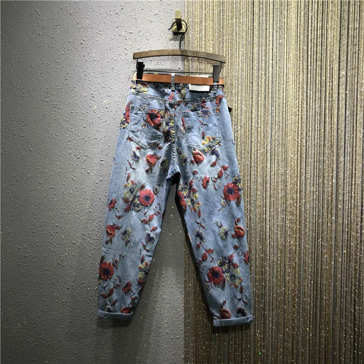 Flower Jeans Woman 2020 Spring New High-Waist Loose Harem Pants Personality Printed Denim Trousers Female Femme | Женская одежда