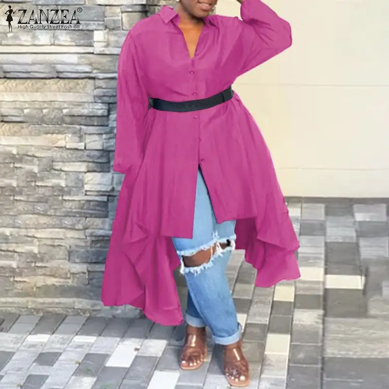 

2022 Fashion Office OL Tunic Tops Solid Blouse Women Casual Long Sleeve Lapel Shirt ZANZEA Elegant Irregular Hem Button Chemise