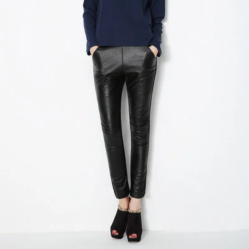 2020 New Brand European Genuine Leather Pants Female Trousers Plus Size Elastic Sheepskin Slim Fit Women Black Casual Long Pants
