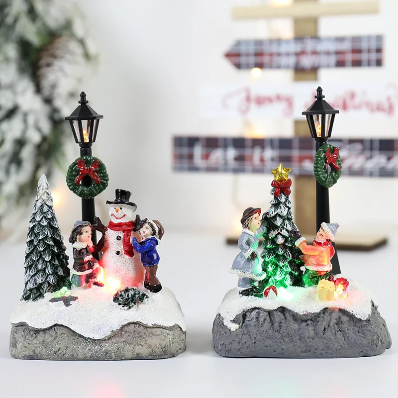 

Glowing Christmas Village Resin Ornament Christmas Tree House Building New Year Figurine Christmas Decorations For Home
