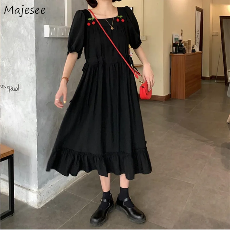 

Платье женское с коротким рукавом, милый свободный плиссированный сарафан в стиле вишни, с квадратным вырезом, в стиле принцессы, Корейская ...