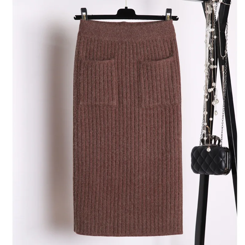 Women Knitted Skirt New Autumn Winter Korean Sexy Pack Hip High Elasticity Knit Pocket Midi Clothing AA967 |