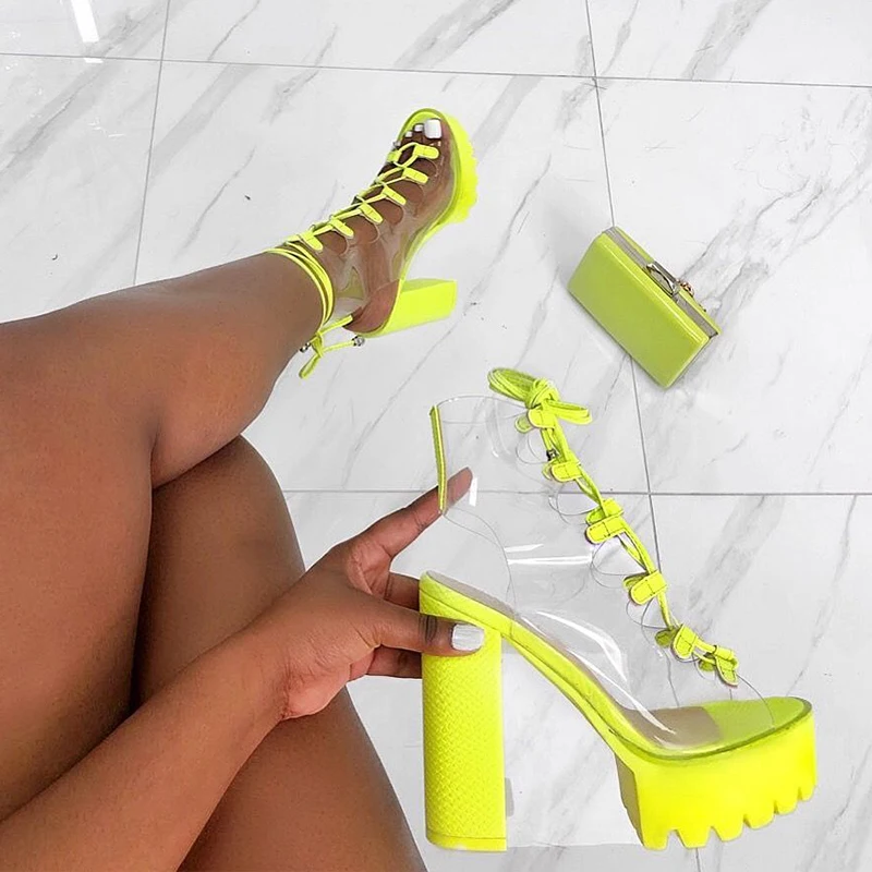 

Female High Heels Sandals Big Size New Fashion Women Cross Tied Transparent Peep Toe Slides Ladies Square Heels Sandals Shoes