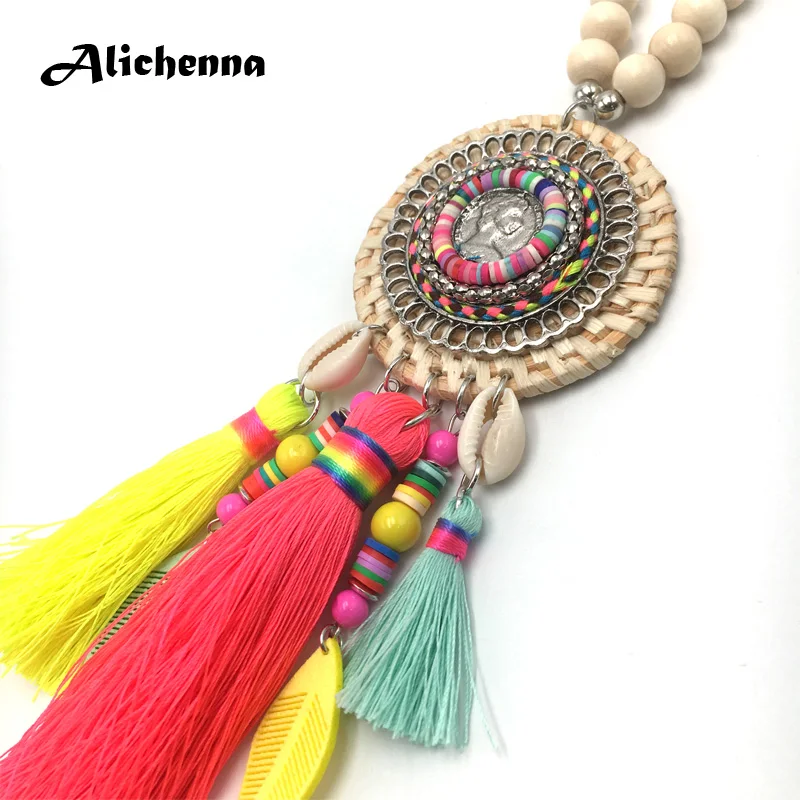 Ручная работа женское круглое ожерелье из ротанга с кисточкой длинное богемное