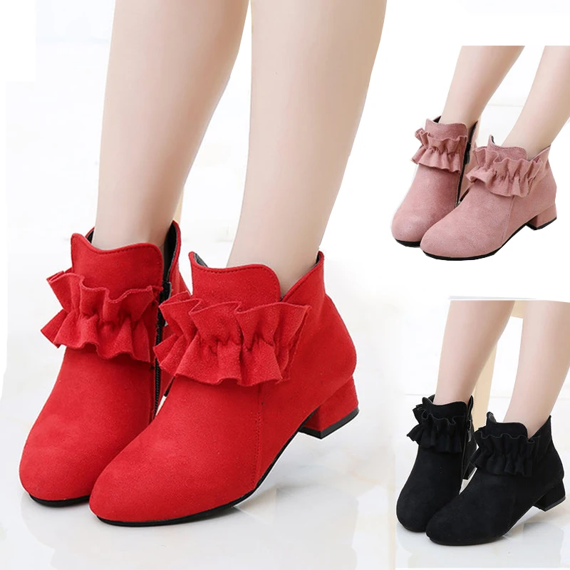 Цветочные Детские зимние ботинки на высоком каблуке для девочек красные