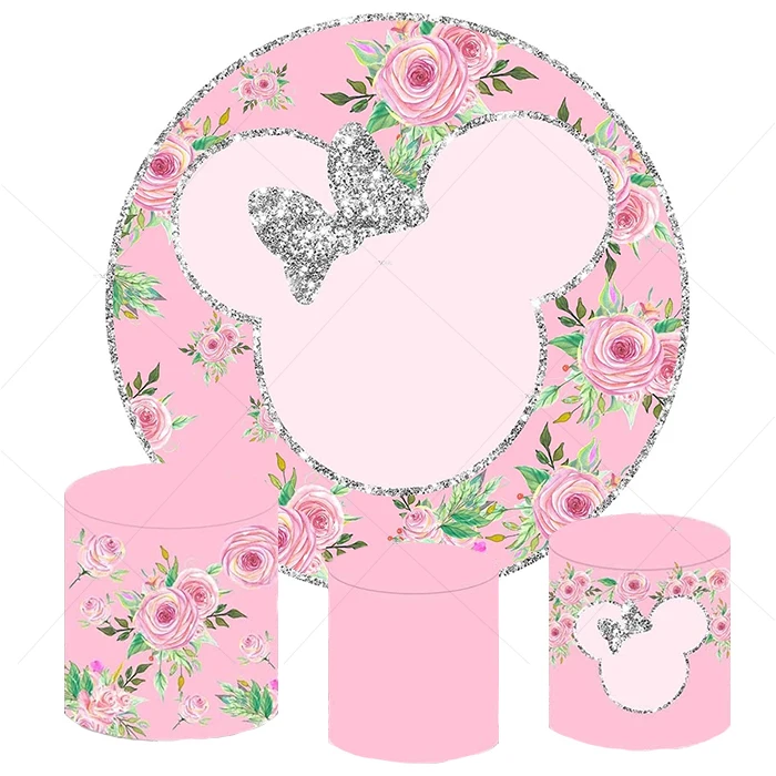 

Cartoon Mouse Princess Round Circle Background Covers Baby Shower Photo Backdrops Glitter Flowers Girls Decoration Posters