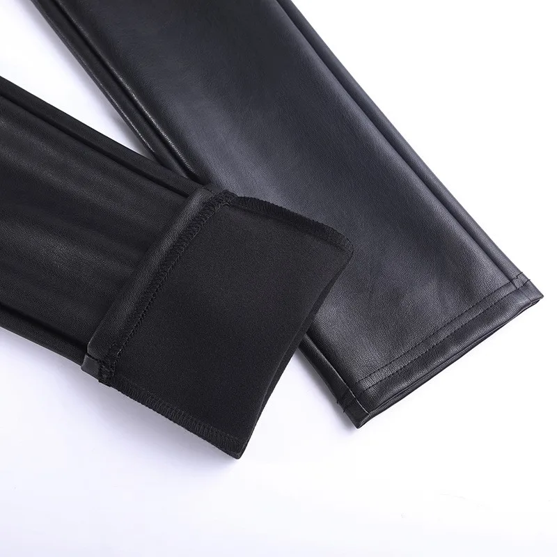 

Fashion Zipper Skinny Pu Leather Pants Women Warm High Waist Elastic Waist Trousers Street Punk Office Lady Pants Plus Size 5XL