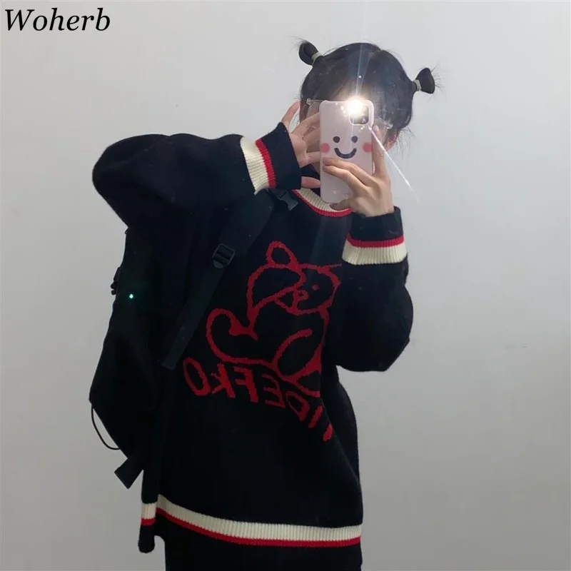 Женский жаккардовый свитер Woherb в стиле Харадзюку с готическим медведем черный