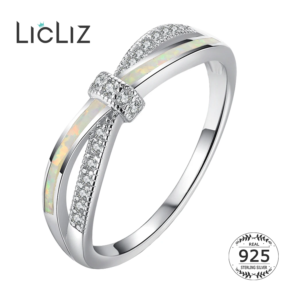 

LicLiz 925 Sterling Silver Bowknot Rings For Women White Opal Cross Infinity Ring Eternity Ring CZ Pave Wedding Band Anel LR0383