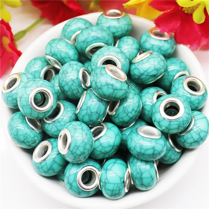 

10Pcs/Lot 14x8mm Big Hole Turquoise Beads Round Spacer Charms with Double Silver Core Fit Pandora Bracelet for Jewelry Making