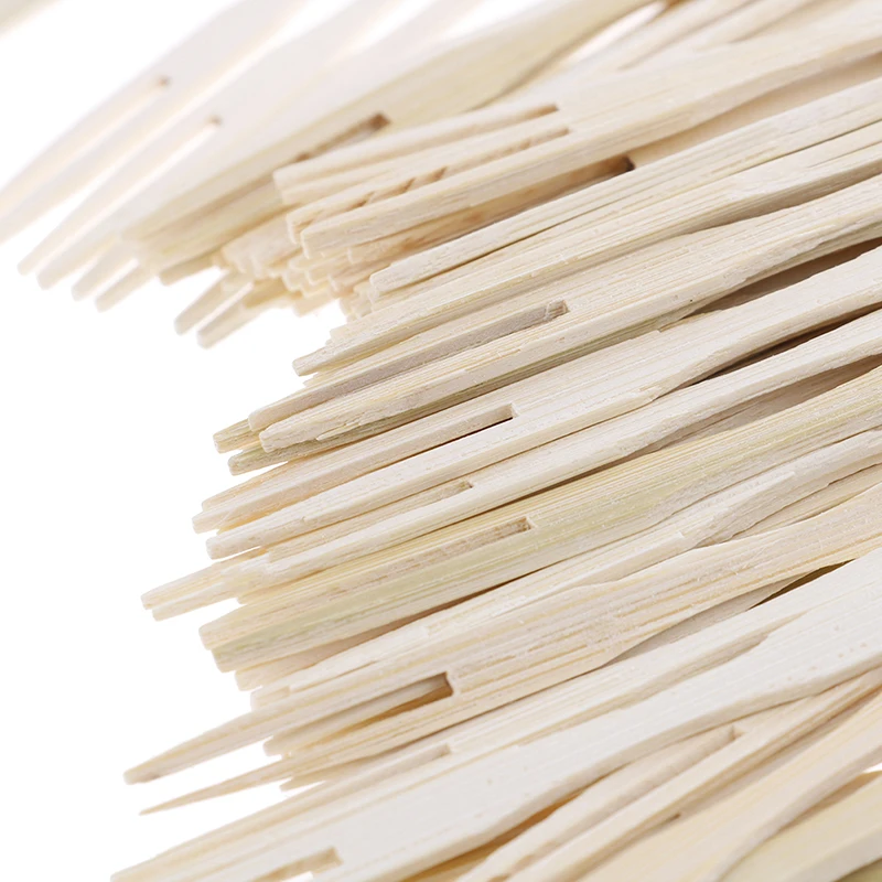 

100pcs bamboo cocktail forks bbq fruit pick beige 9cm stick skewers