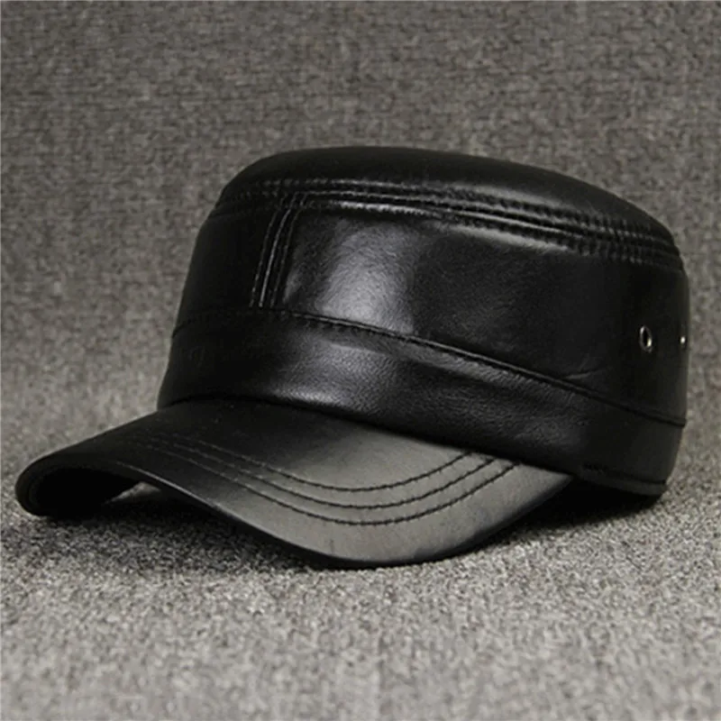 

Brand Winter Hat Men Warm Thicken Pu Leather Military Hats For Men Warm Comfortable Flat Top Snapback Hats With Ear Flaps