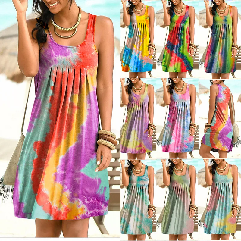 Summer New Style European and American Womens Fashion  Womens Short Skirt Tie-Dye Printing Round Neck Dress