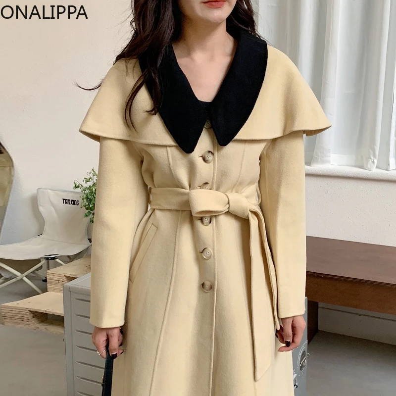 

Женское двухстороннее шерстяное пальто Onalippa, дизайнерская шаль контрастных цветов в стиле французской Хепберн на осень и зиму 2021