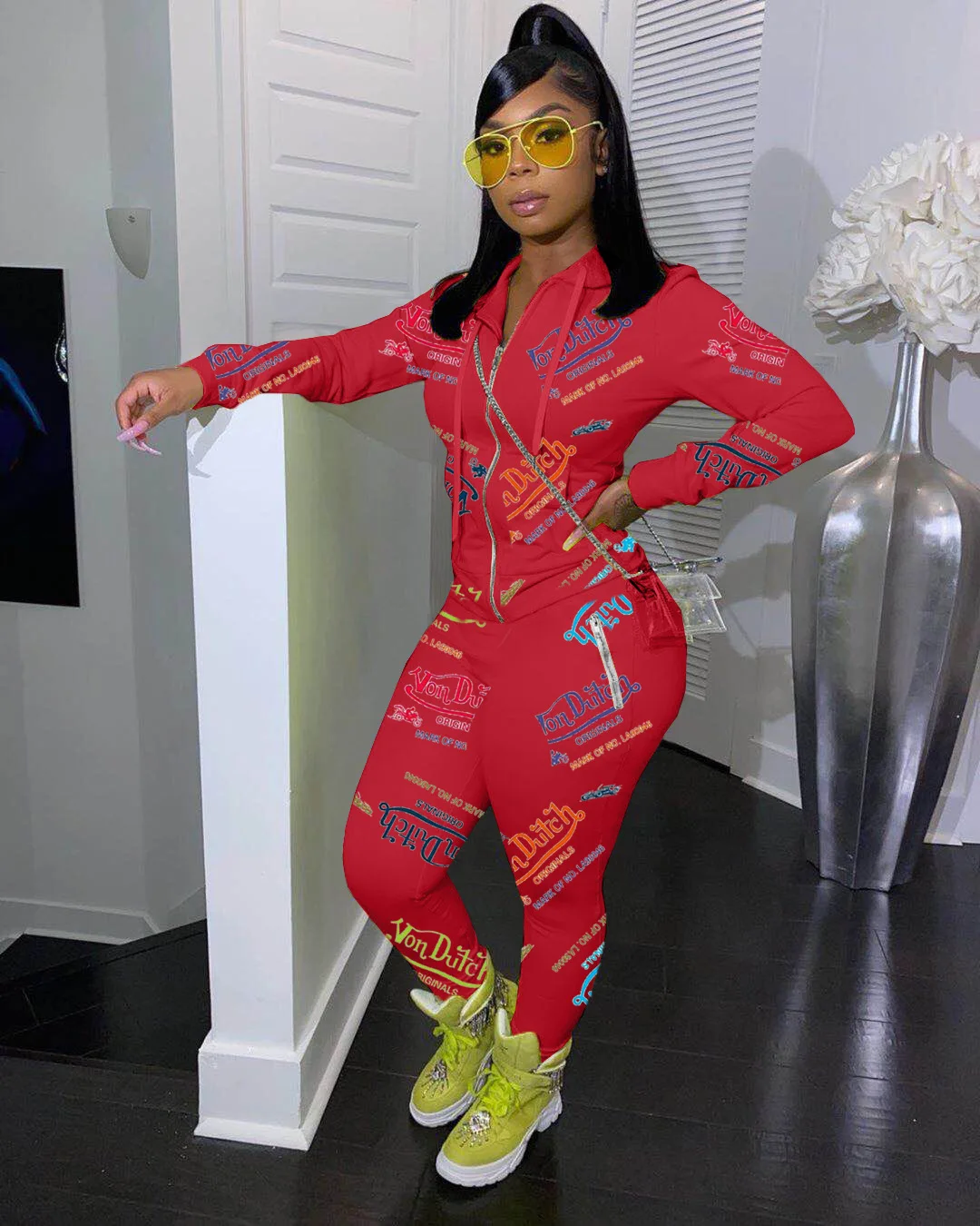 

Casual Outfits for Women Long Sleeve Printed Zipper Hoodies and Pants Two Piece Set Joggers Tracksuit Wholesale Dropshipping