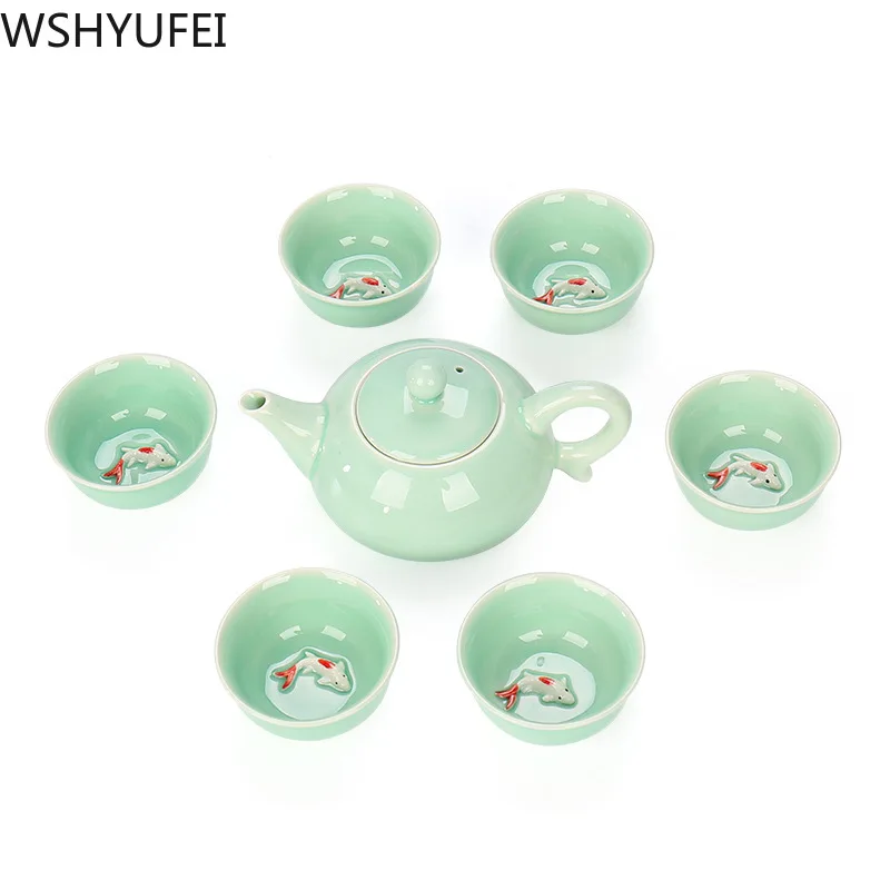 Керамический чайный сервиз Longquan celadon с рыбой чайник керамическая чаша китайский