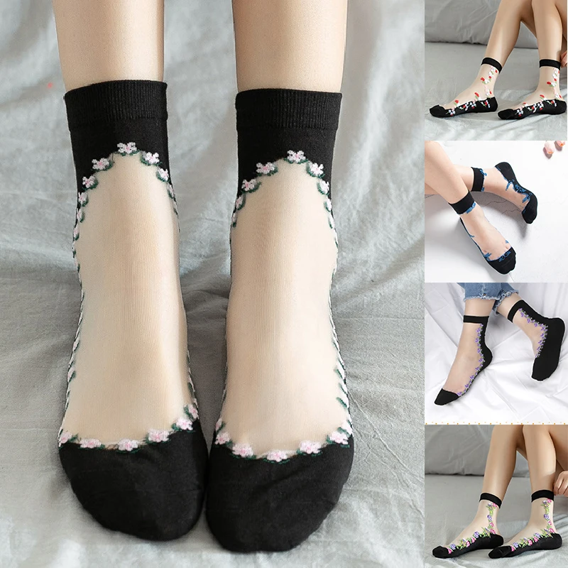 Ультратонкие летние женские носки прозрачные кружевные шелковые с кристаллами