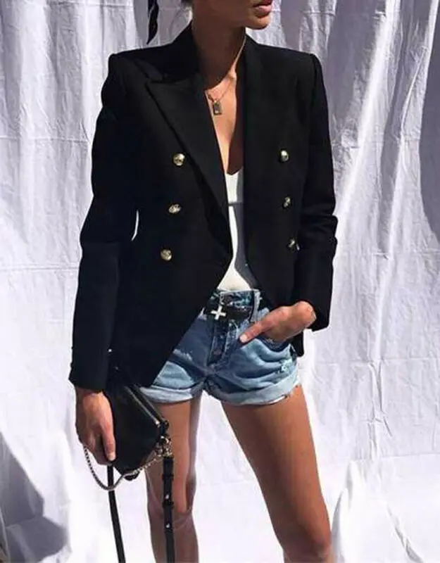 2019 Женский блейзер однотонного цвета с длинными рукавами деловой двубортный