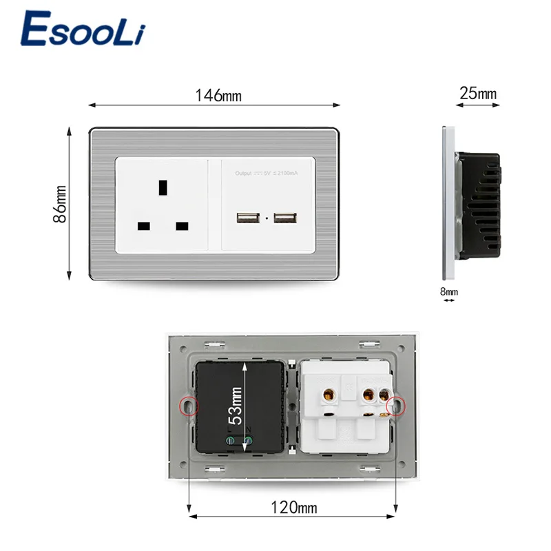 Esooli 146*86 мм UK Стандартный Мощность розетка с двумя USB зарядка Порты и разъёмы для