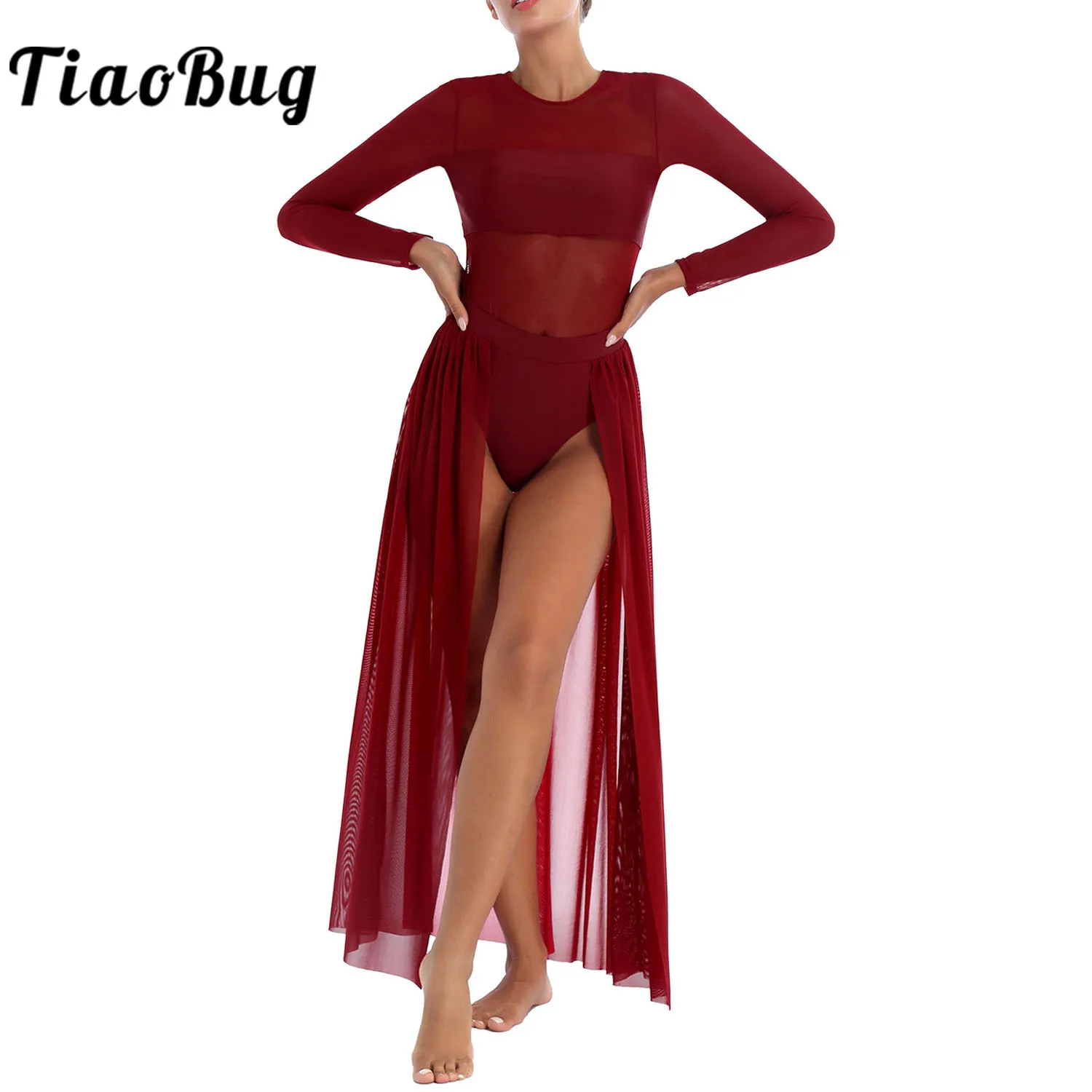 

Women Adult Lyrical Dance Dress Long Sleeve Ballet Leotard Flowy Tulle Split Skirt Dancewear