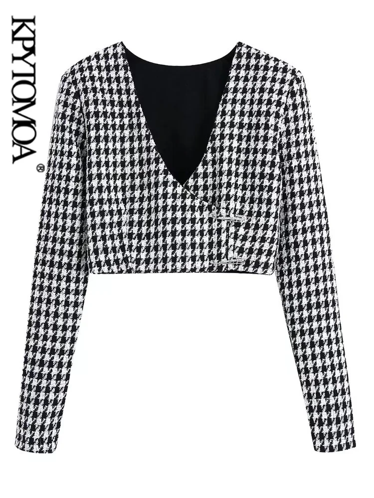 

KPYTOMOA Women Fashion With Safety Pins Tweed Crop Blouses Vintage Long Sleeve Side Zipper Female Shirts Blusas Chic Tops