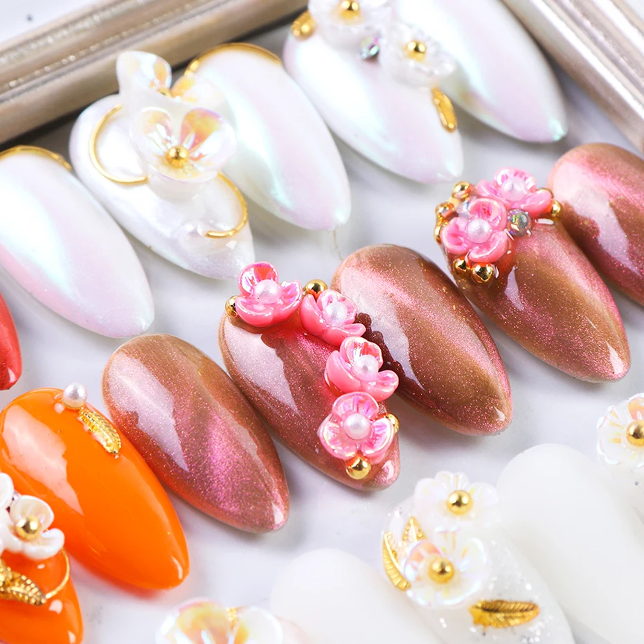 1 коробка Стразы для ногтей Белый AB корпус резные цветы смешанный жемчуг золотой