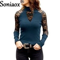 sexy lace patchwork women t shirt 2021 autumn winter turtleneck casual shirts fashion long sleeve slim ladies tops