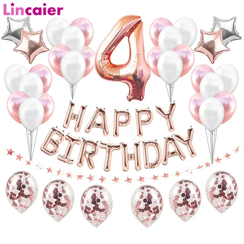 37pcs Rose Gold Number 4 Foil Balloons Set 4th Birthday Party Decorations Boy Girl 4 Years Old Happy Birthday Decor Pink Blue Leather Bag