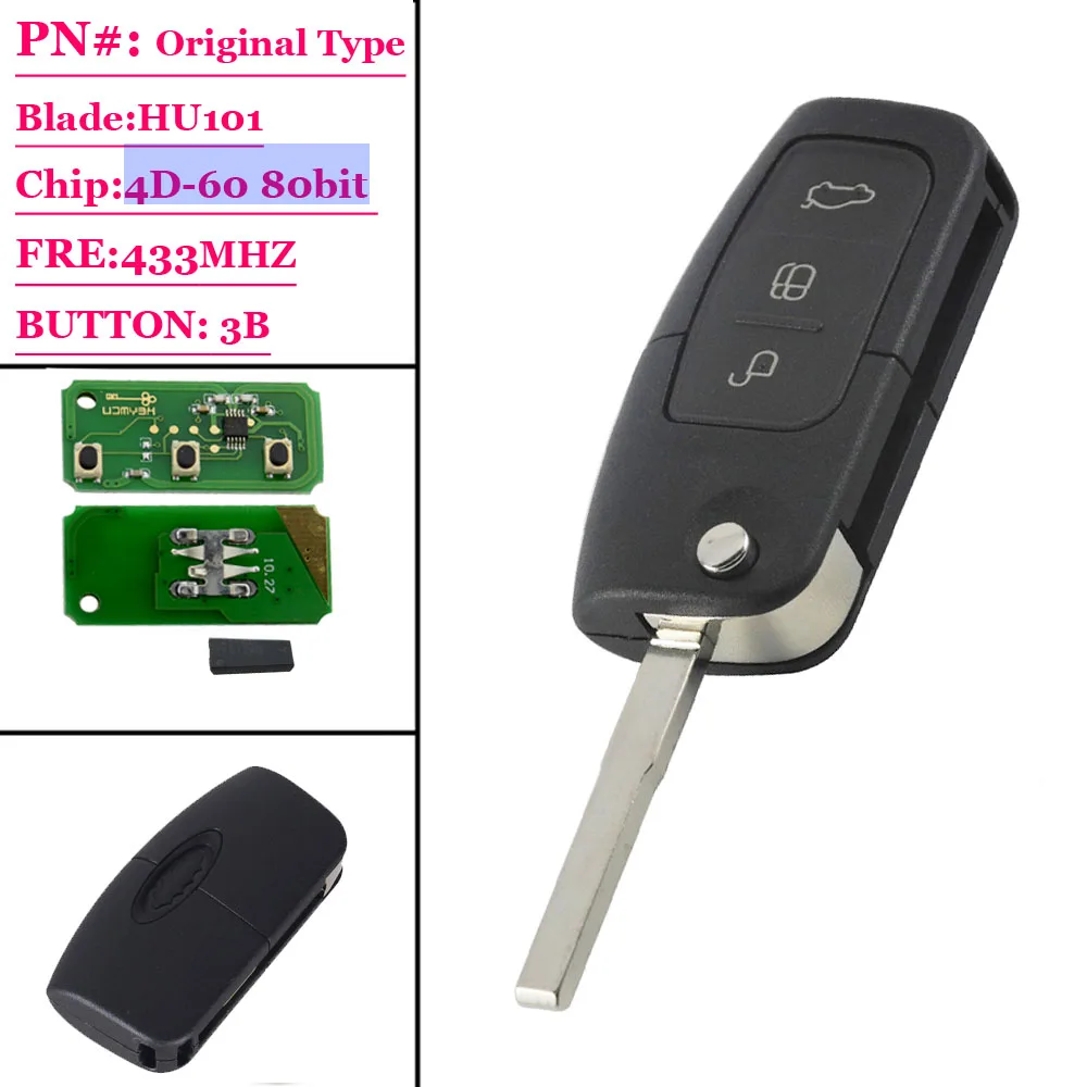 Пульт дистанционного управления XNRKEY с 3 кнопками 433 МГц для Ford Focus Fiesta C Max S Galaxy 4D60