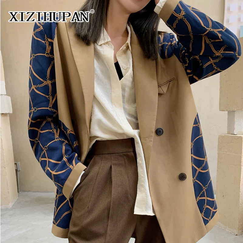 

XIZIHUPAN Vintage Khaki Blazer For Women Notched Long Sleeve Patchwork Hit Color Causal Blazers Female 2021 Spring Fashion Style