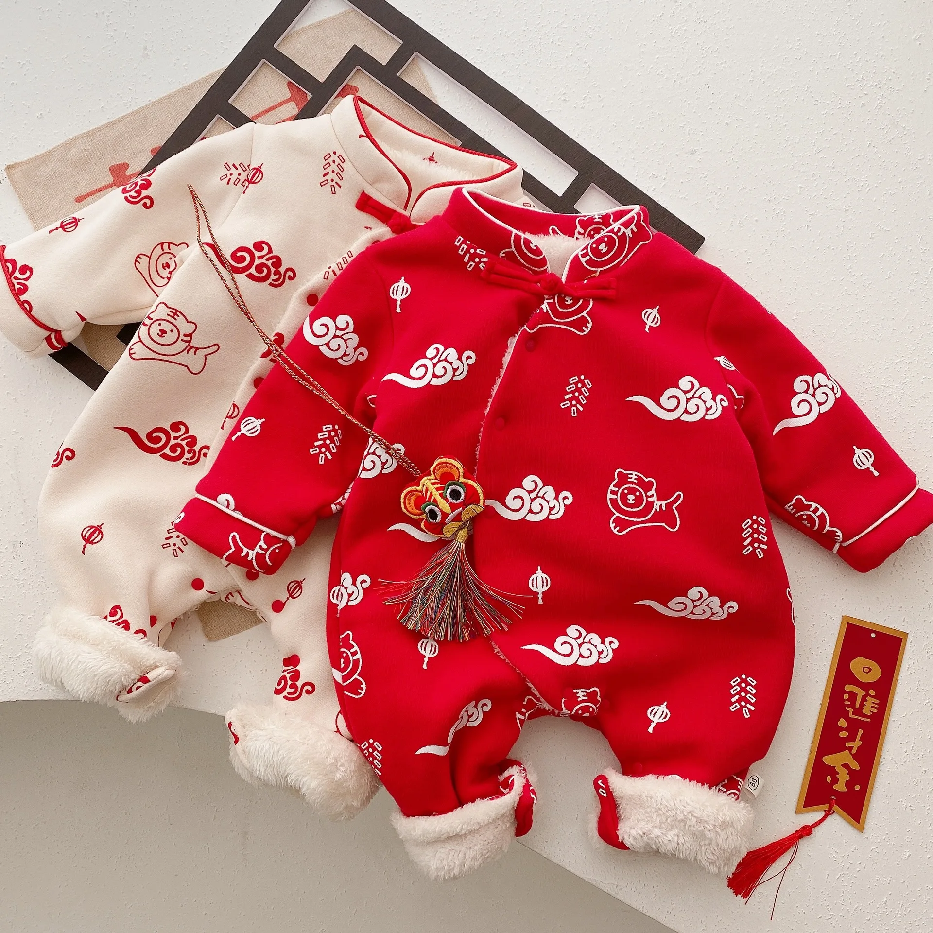 Baby Boy Romper Long Sleeve Plus Velvet Warm Newborn Onesies Chinese Style New Year Baby Girl Jumpsuit Infant Clothes