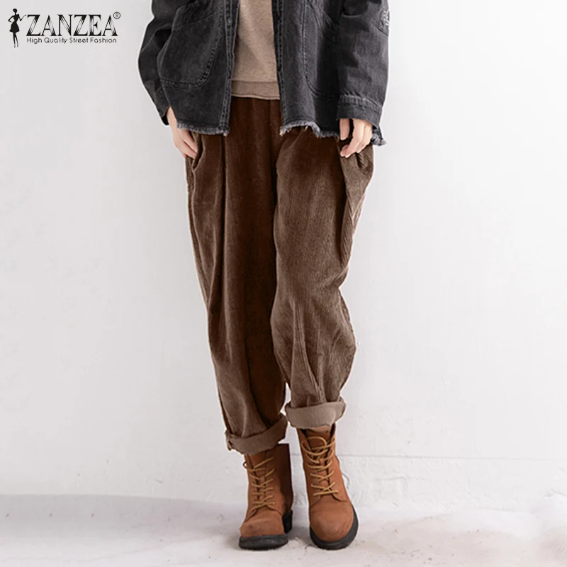 

Винтажные вельветовые брюки ZANZEA с эластичным поясом, женские брюки, повседневные Весенние длинные панталоны, женская уличная одежда с прин...