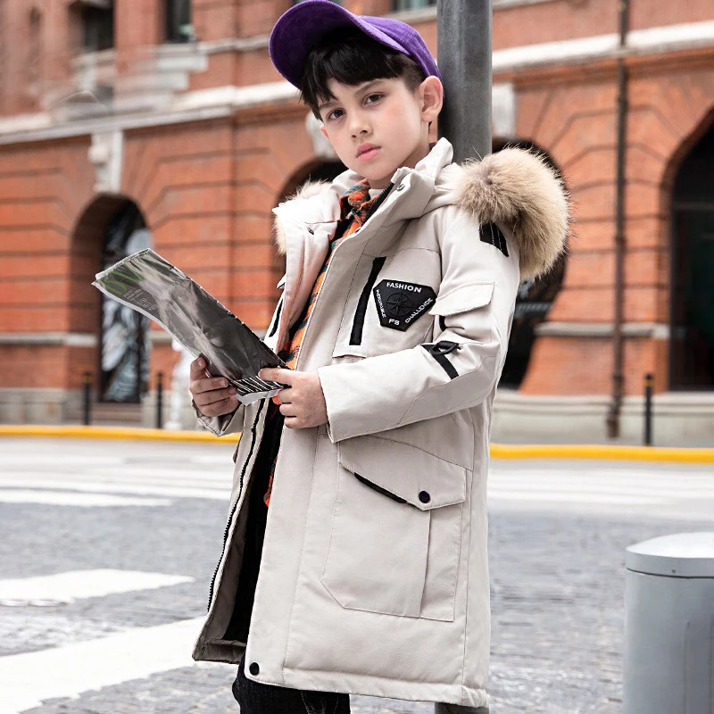 

2020 Hooded Fur Long Boys Winter Coat Down Warm Girls Jacket Thick Teenager Kids Outerwear Clothes -30 Children Parka Snowsuits