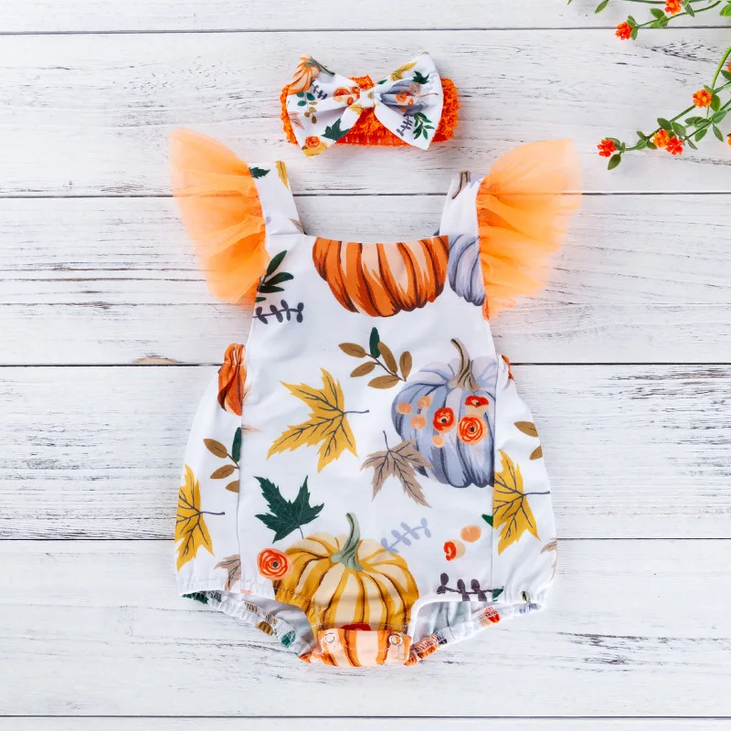 

Summer New 0-24M Baby Girls Halloween Printing Cotton Comfortable Breathable Flying Sleeve Romper Infant Back Cross Soft Romper