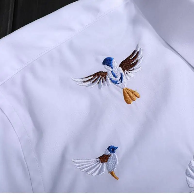 

Men Shirt Luxury White Black Navy Colored Bird Embroidered Men Shirt Long Sleeve Trend Mens Shirts Casual Slim Fit 4XL