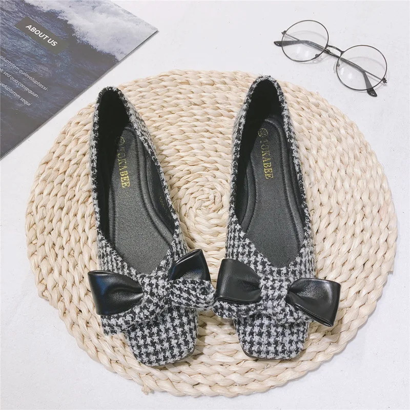 

Single Shoes Women 2021 Spring and Autumn New Fairy Style Wild Bow-knot Plaid Cloth Shallow Mouth Square Toe Flat Shoes Women