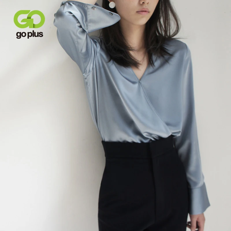 Женская офисная блузка GOPLUS Весенняя однотонная с v образным вырезом и длинным