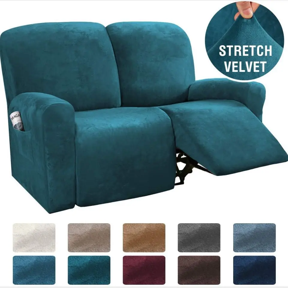 

2 Seater Recliner Sofa Cover Stretch Velvet Lounger Armchair Slipcover Couch Covers Living Room Protector Elastic Side Pocket