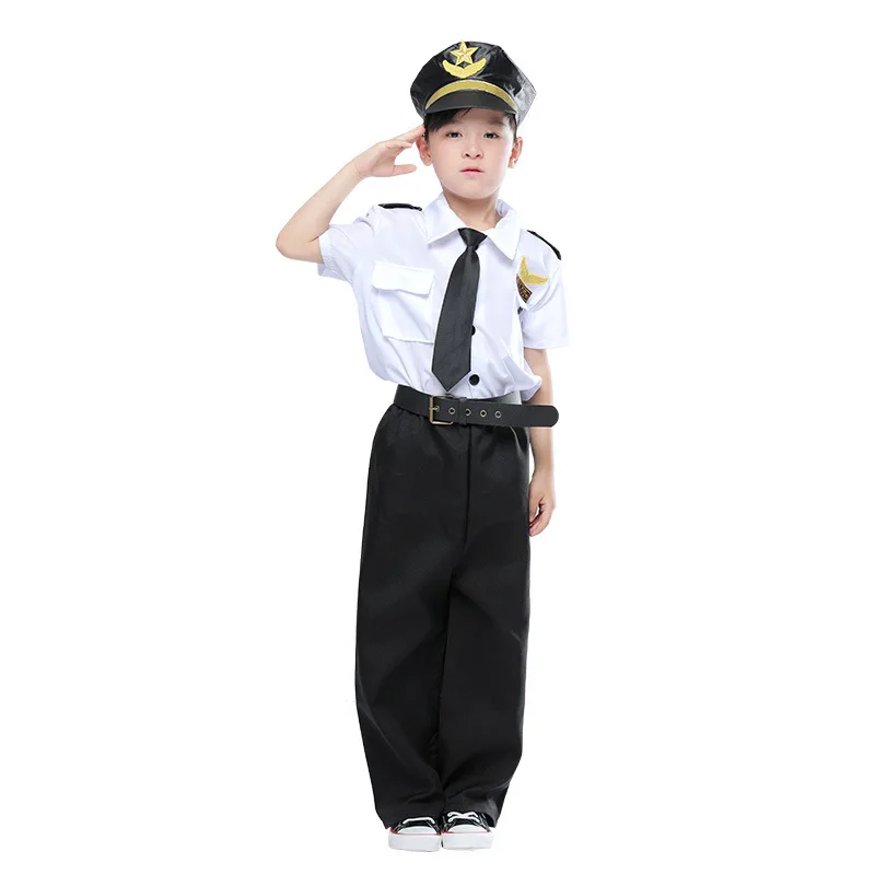 Halloween Cosplay Boys Kid Clothes Pilot Captain Uniform Matching Hat Belt Toys 4T-9T Carnival Role Play Prom Gown Costume |