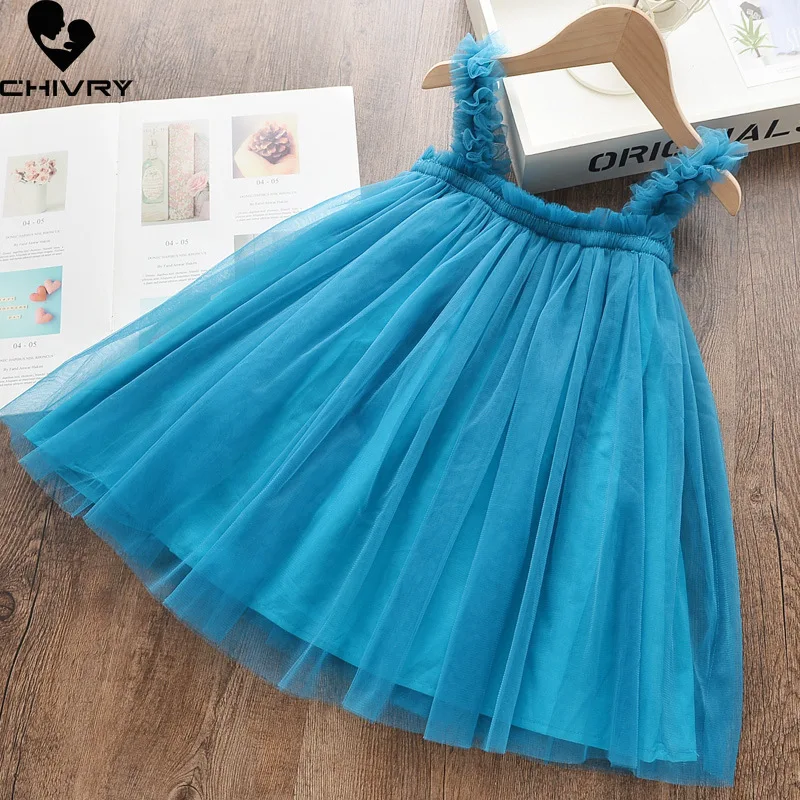 

Новинка лета 2022, модные однотонные шифоновые сетчатые платья без рукавов для девочек, детское бальное платье для маленьких девочек, платье ...