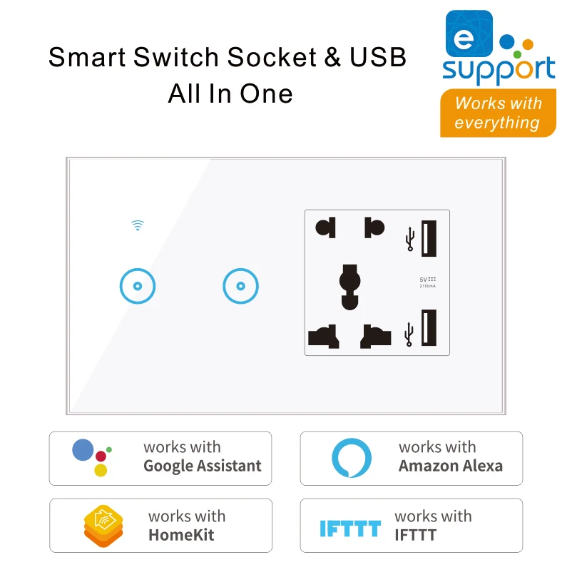 

WiFi Standard Socket with Dual USB and Smart Switch 1 2 3 Gang Wall Touch Light Switch Work with Alexa Google Home 90-240V