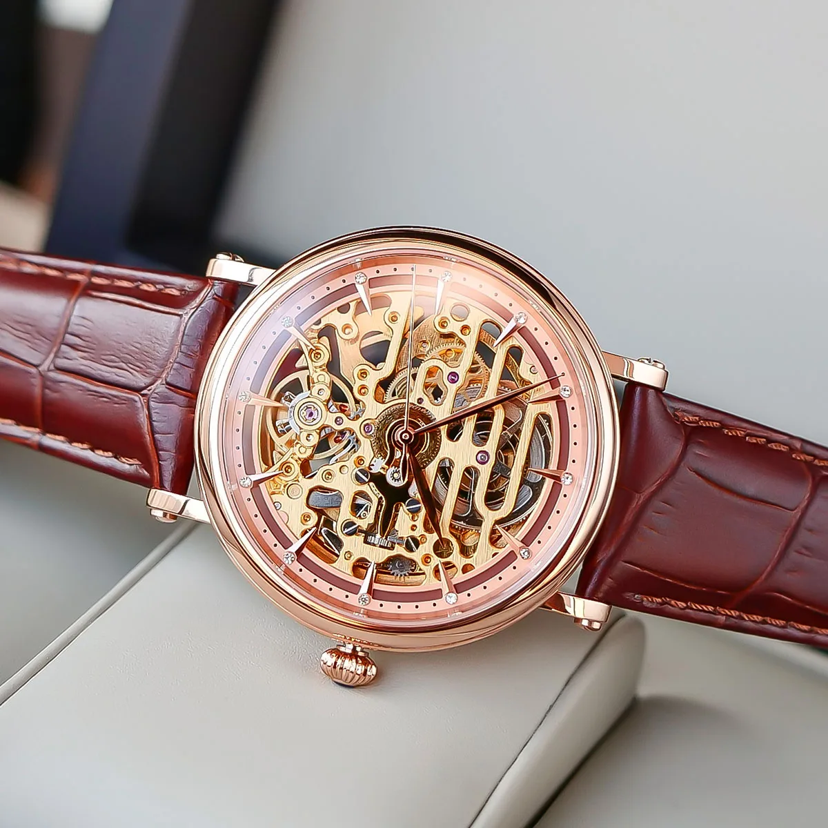 Автоматические часы Reef Tiger/RT мужские с ремешком из натуральной кожи розовое