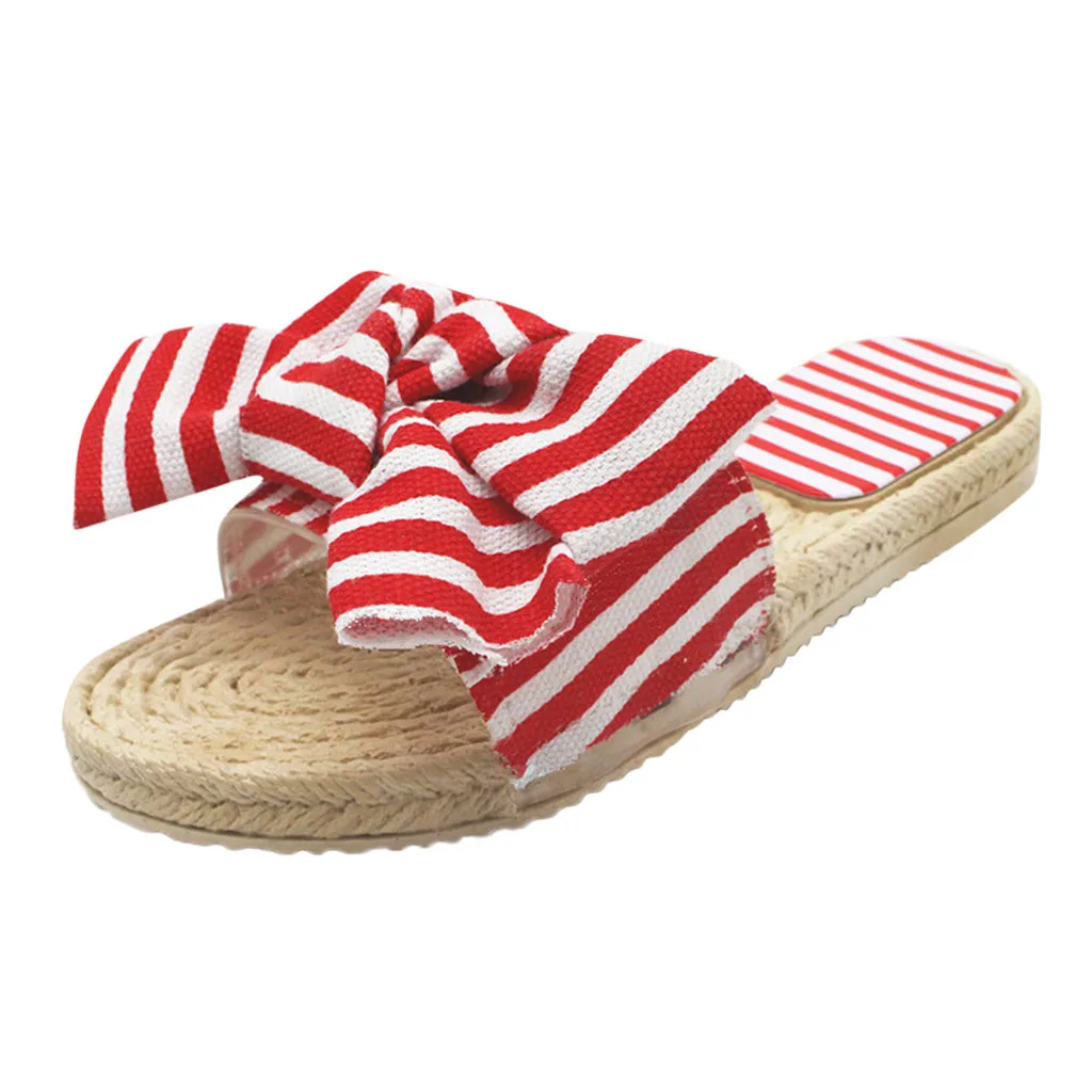 Сандалии женские без шнуровки плоская пеньковая ткань с бантом летние тапочки