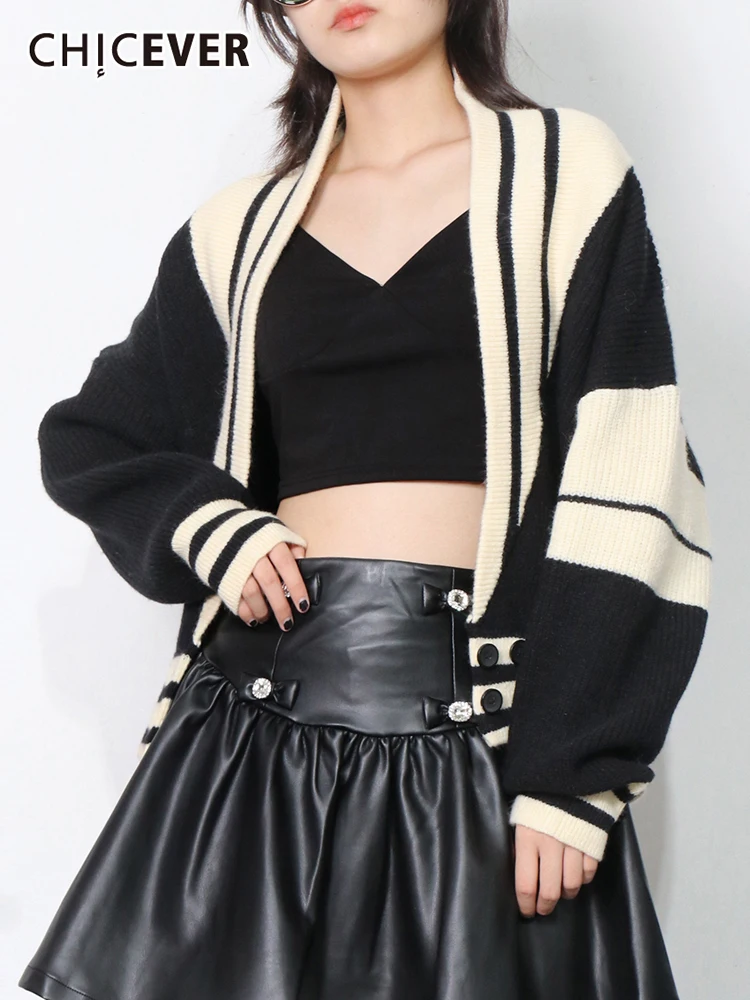 

CHICEVER Hit Color Casual Knitted Cardigans For Women V Neck Long Sleeve Tunic Sweater Female Fashion New Clothing 2021 Autumn