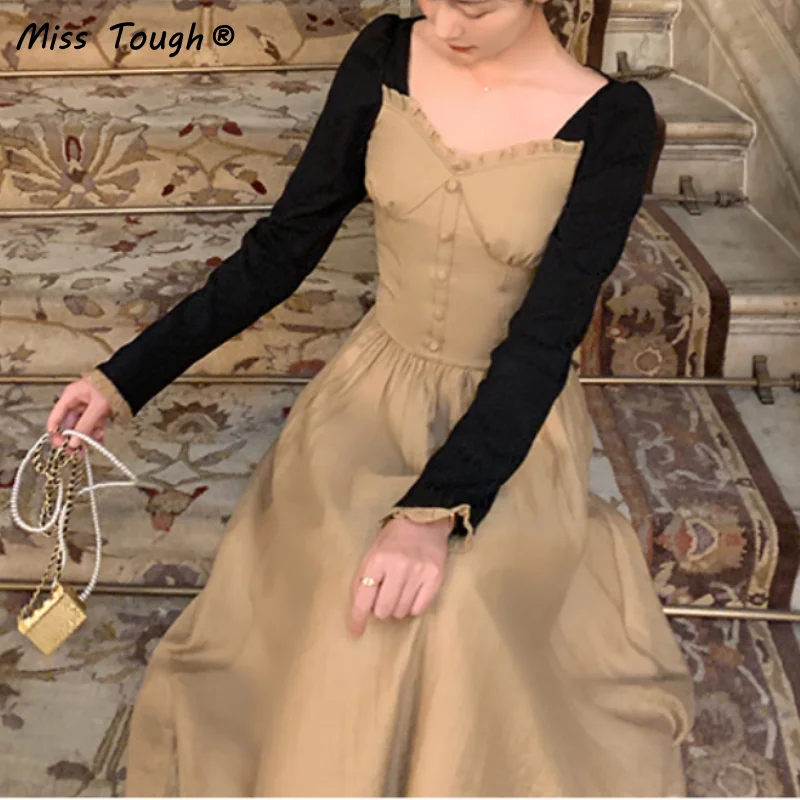 

Осеннее винтажное трикотажное платье-свитер, женское элегантное вечернее платье миди в стиле пэчворк, женское повседневное корейское цель...